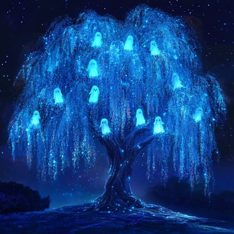 Bioluminescent Willow Tree with Friendly Singing Ghosts