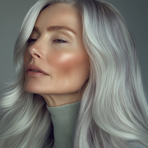 Mature Woman with Silvery-Blonde Hair Close-Up Portrait