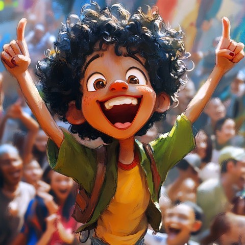 Disney Character Afro Boy with Happy Cheering Crowd