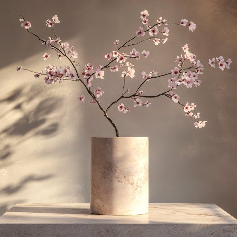 Japanese Style Cylindrical Pedestal with Sakura Branch