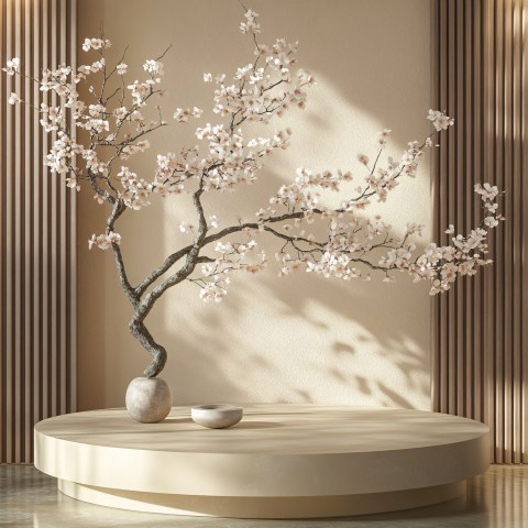 3D Japanese Pedestal with Sakura Branch Background