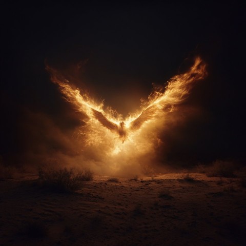 Fiery Phoenix Soaring in Desert Night Sky