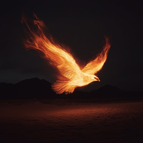 Phoenix Soaring Through Dark Desert Night Flames