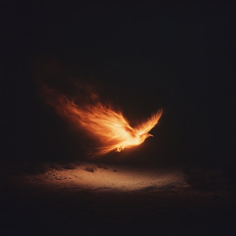 Fiery Phoenix Soaring Over Desert at Night