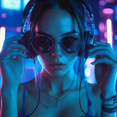 Cyberpunk Portrait of Woman with Headphones and Sunglasses