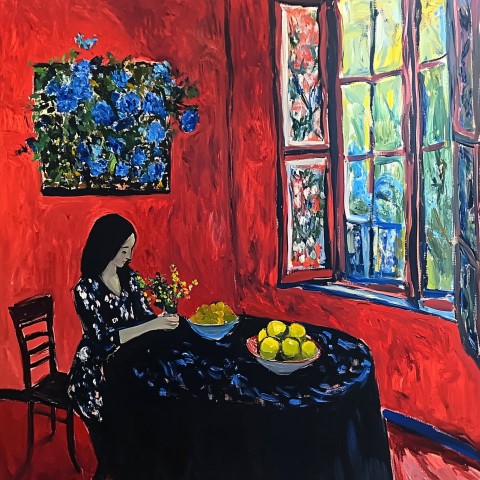 Matisse Red Room Painting with Woman Holding Fruit