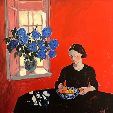 Matisse Red Room with Blue Flowers and Woman Painting