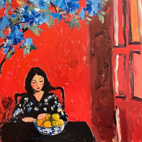 Matisse Red Room with Woman and Blue Flowers Painting