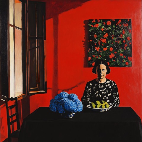 Matisse Red Room with Blue Flowers and Woman Portrait