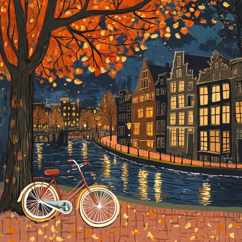 Autumn Night in Amsterdam Canals with Bikes Naive Style