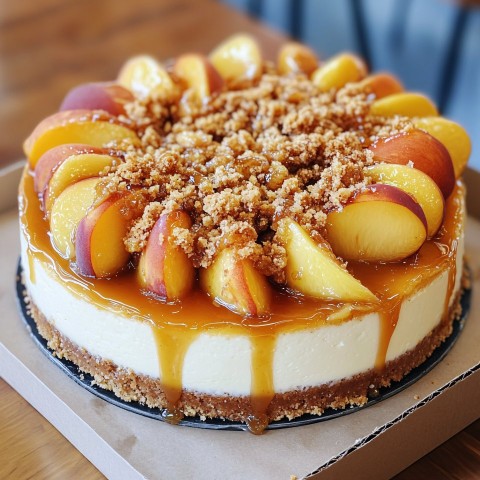 Vanilla Bean Cheesecake with Peach Cobbler and Salted Caramel