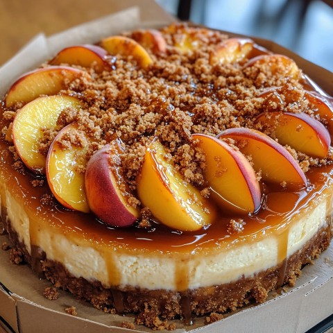 Vanilla Bean Cheesecake with Peach Cobbler and Salted Caramel