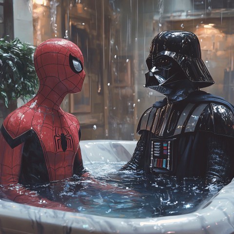 Darth Vader and Spider-Man Relaxing Together in Jacuzzi