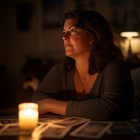 Woman Reading Tarot Cards in Cozy Candlelit Room