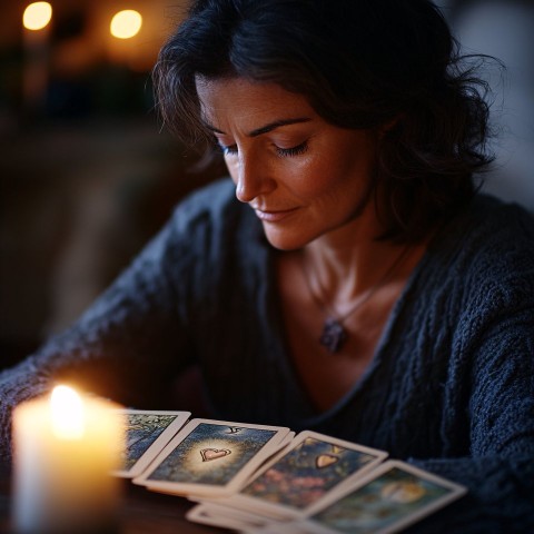 Woman Reading Tarot Cards in Candlelit Cozy Room