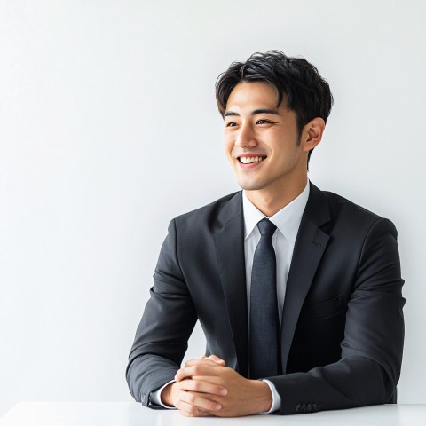 Smiling Japanese Businessman at Desk in Modern Office