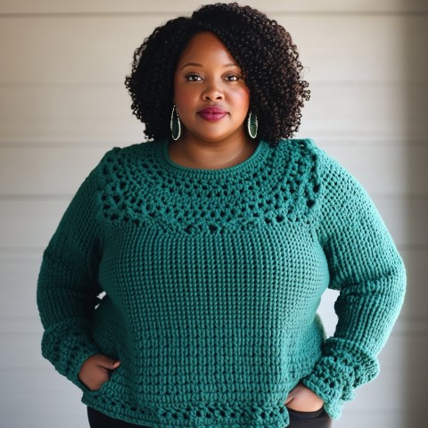 Plus Size Green Crocheted Sweater with Unique Neckline