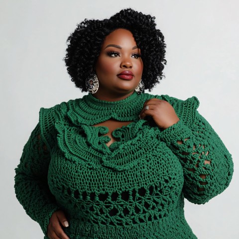 Green Crocheted Sweater with Unique Neckline for Plus Size