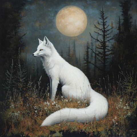 White Fox in Moonlight Symbolist Painting