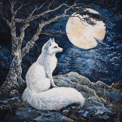 White Fox Under Moonlight Symbolist Art Scene