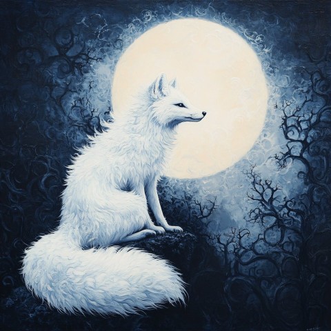 White Fox in Moonlight Symbolist Art Painting