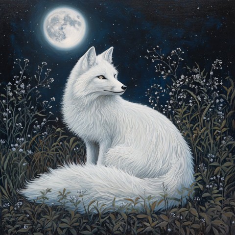 White Fox in Moonlight Symbolist Art Painting