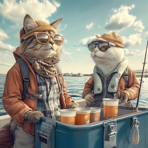 Cats Fishing on a Boat in Human Clothing