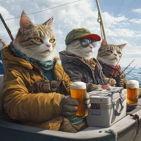 Cats in Human Clothes Fishing on Sunny Day Boat