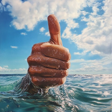 Thumbs Up Emerging from Ocean Water