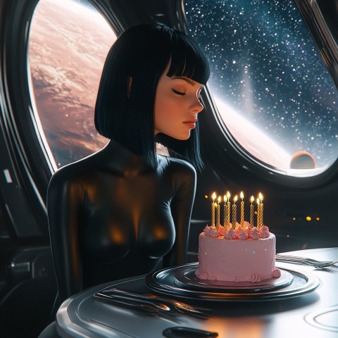 Woman Celebrating Birthday in a Spaceship Setting