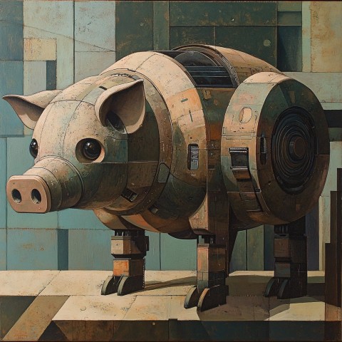 Surreal Robotic Pig in Abstract Geometric Style