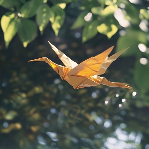 Origami Crane on Water Surrounded by Leaves