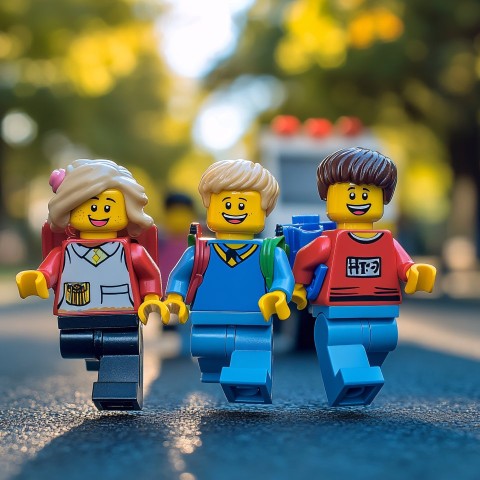 Children Joyfully Walking to School in LEGO Style