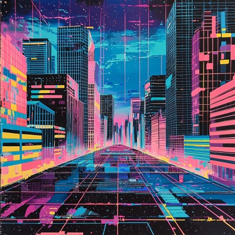 80s Retro-Futuristic Neon Cityscape with Skyscrapers