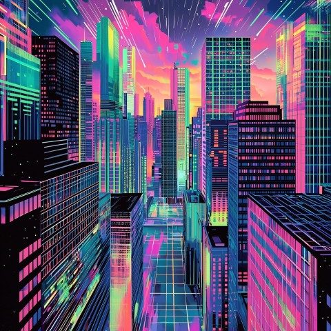 Neon Retro Cityscape with Electric Skyscrapers**