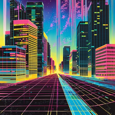 80s Retro-Futuristic Neon Cityscape with Electric Skyscrapers