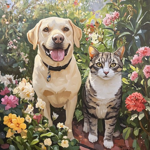 Labrador and Cat in Australian Garden