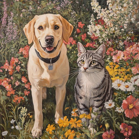 Labrador and Tuxedo Tabby Cat in Floral Garden