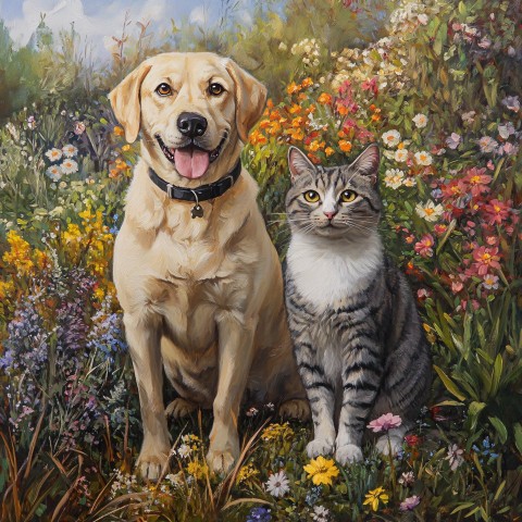 Labrador and Cat in Garden