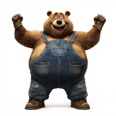 Brown Bear in Denim Overalls Celebrating