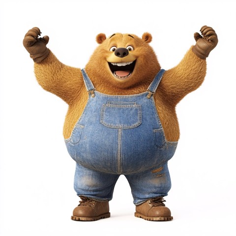 Friendly Brown Bear in Overalls Celebrating in Pixar Style