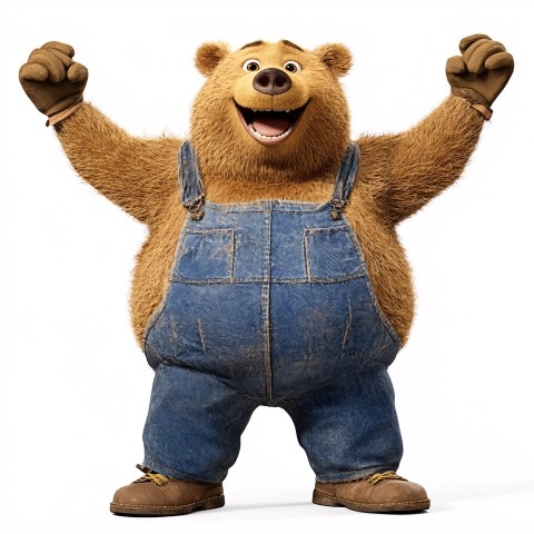 Friendly Brown Bear in Denim Overalls Celebrating