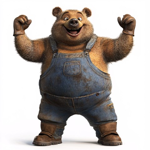 Pixar-Style Happy Brown Bear in Denim Overalls