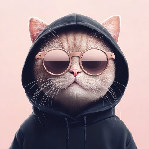 Photo Cat in Black Hoodie and Pink Sunglasses