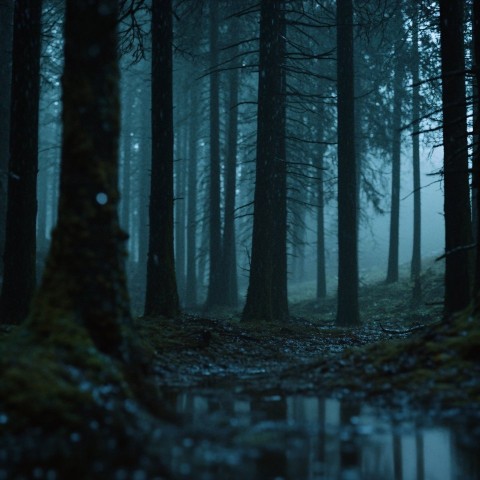 Mysterious Dark Forest at Dusk with Mist and Rain