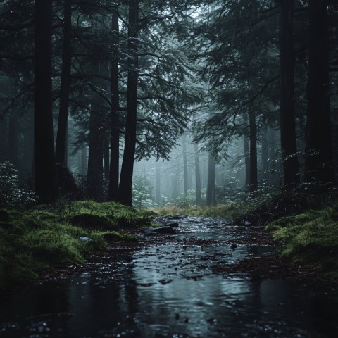 Dark Mysterious Forest at Dusk with Misty Atmosphere