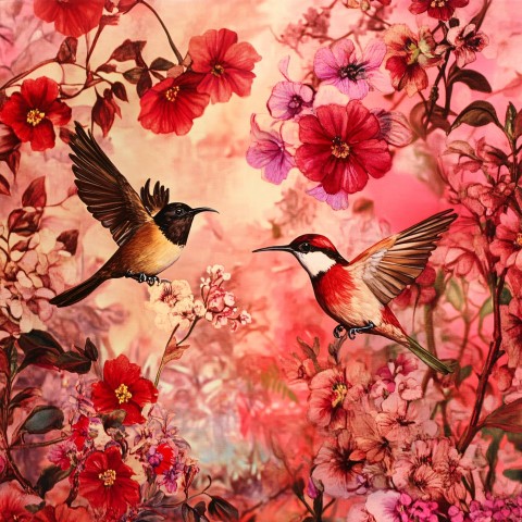 Colored Birds Playing Among Red and Pink Flowers