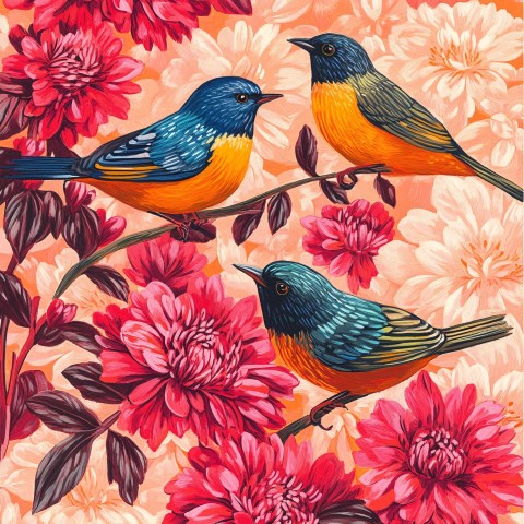 Colorful Birds Playing Among Red and Pink Flowers