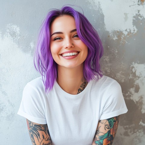 Young Woman with Bright Purple Hair and Tattoos