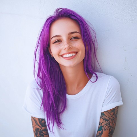 Purple Haired Tattooed Girl in White T-Shirt